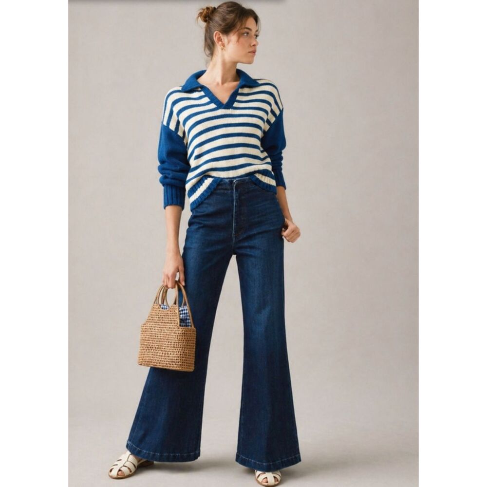 MOTHER The Cinch Roller Sneak Jeans Wide Leg High Rise French Electro 24 Blue